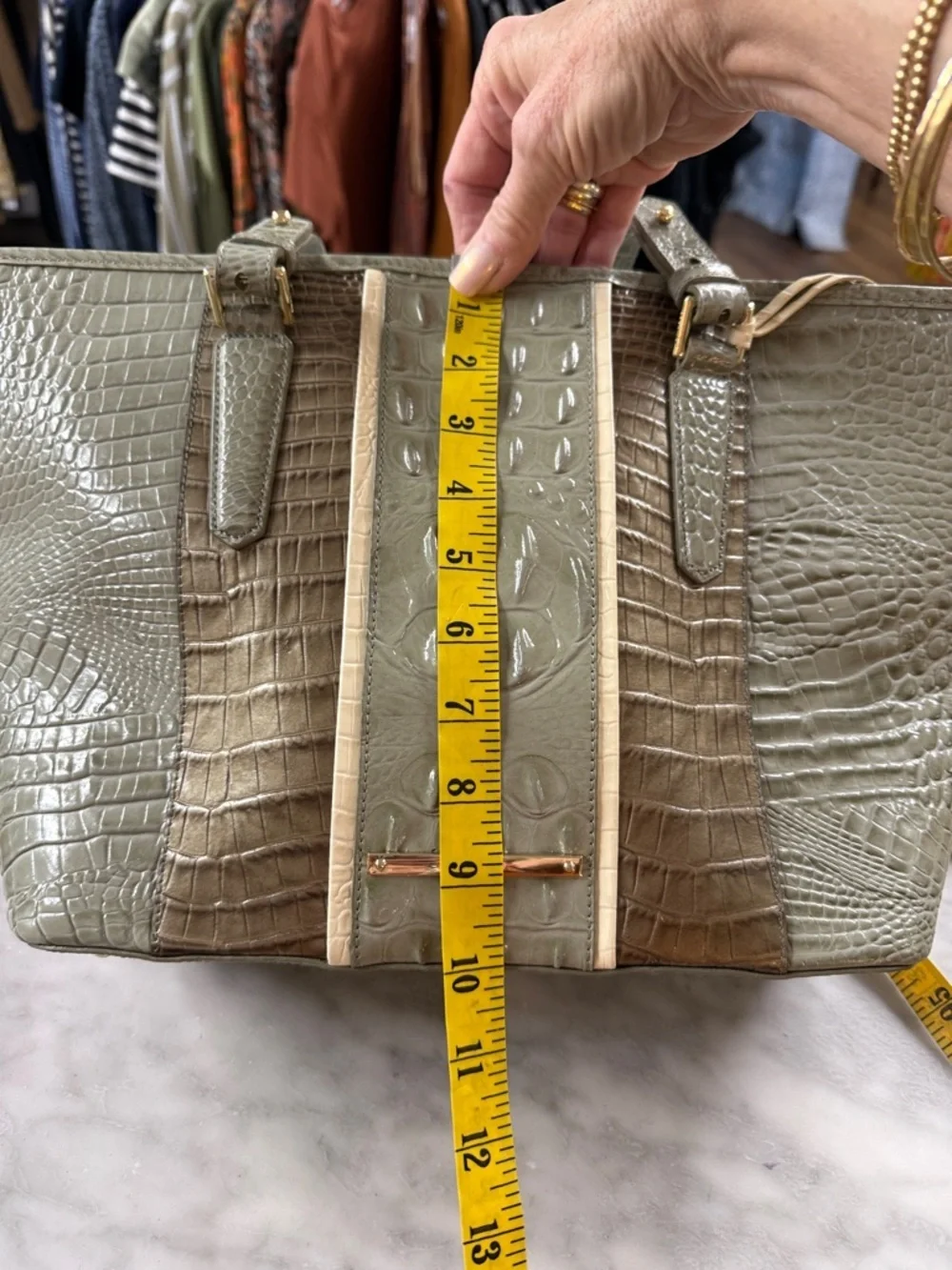 Brahmin Medium Asher Tote Embossed Croc Leather Sage and Tarama Two Tone